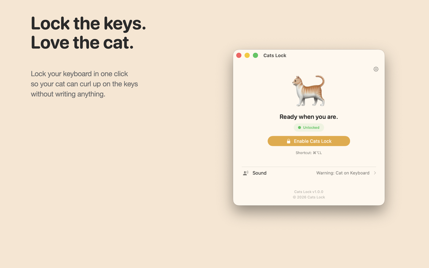 Cats Lock main window with mascot and Enable button