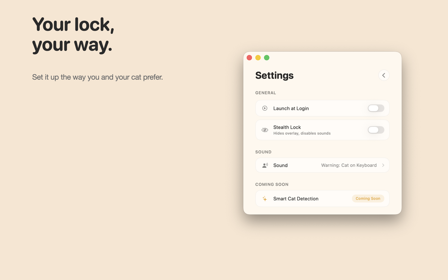 Cats Lock settings showing Launch at Login and Stealth Lock toggles