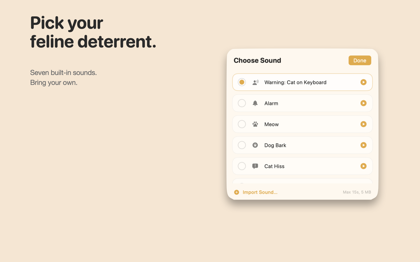 Sound picker with seven built-in sounds