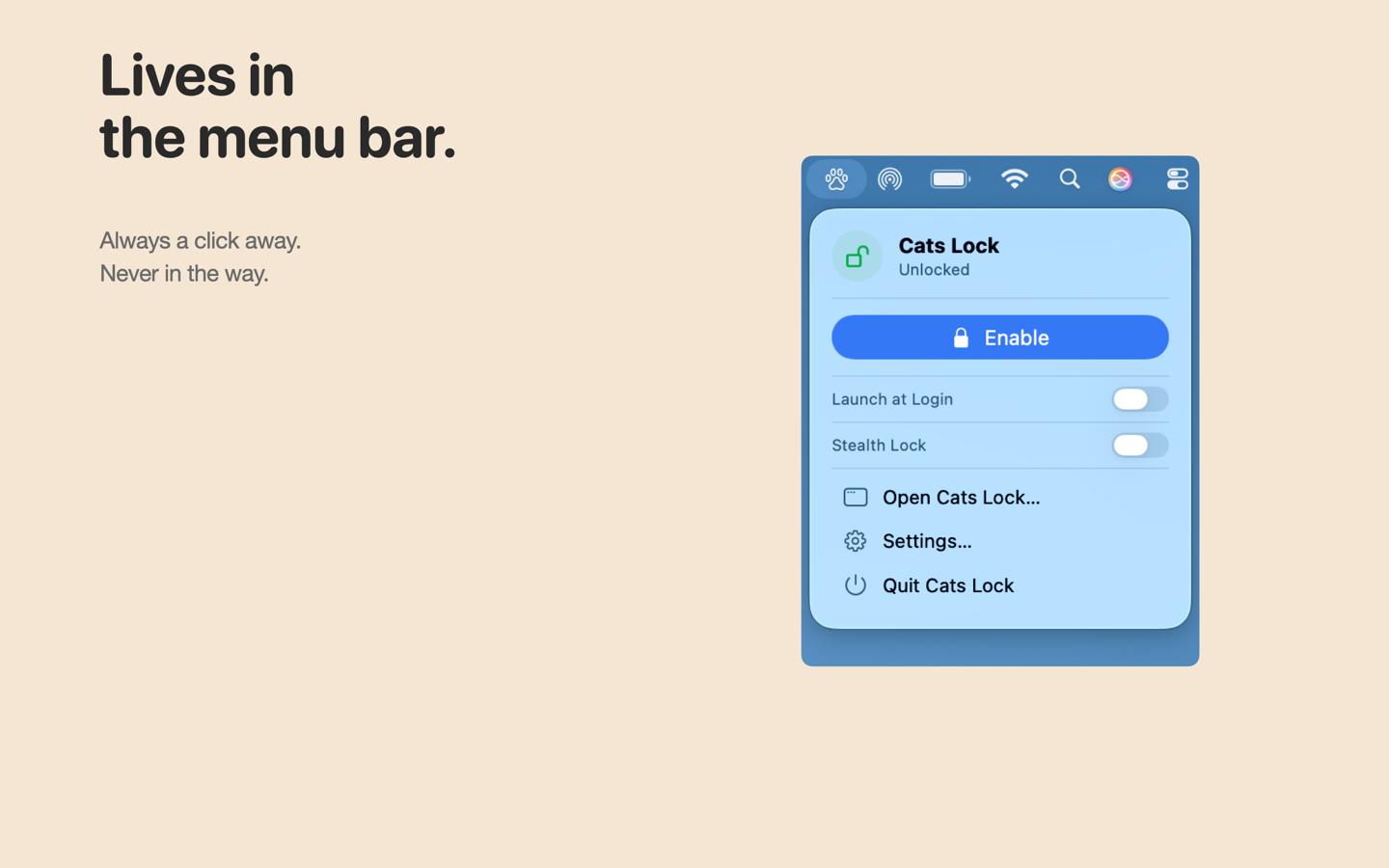 Cats Lock menu bar dropdown with enable, stealth lock, and launch at login